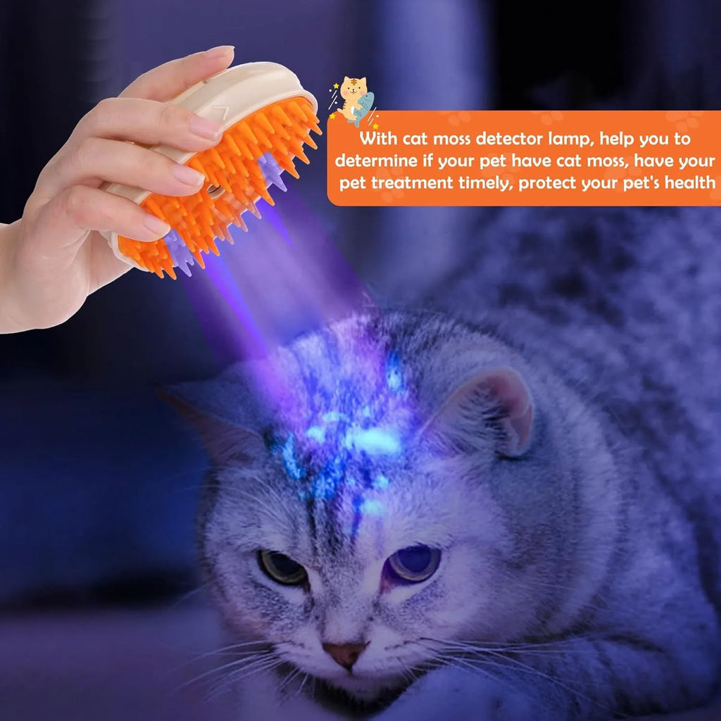 Yellow 4-in-1 cat steam brush with silicone teeth and ringworm detector lamp