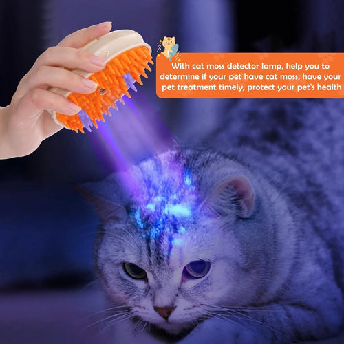 Yellow 4-in-1 cat steam brush with silicone teeth and ringworm detector lamp
