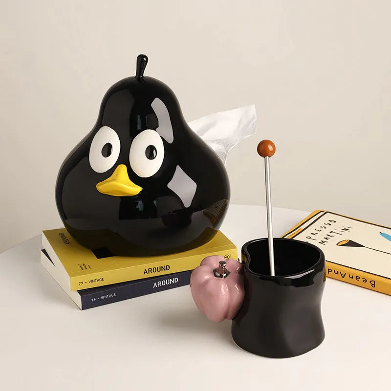 Ceramic pear-shaped tissue box holder with animal decoration in green colour