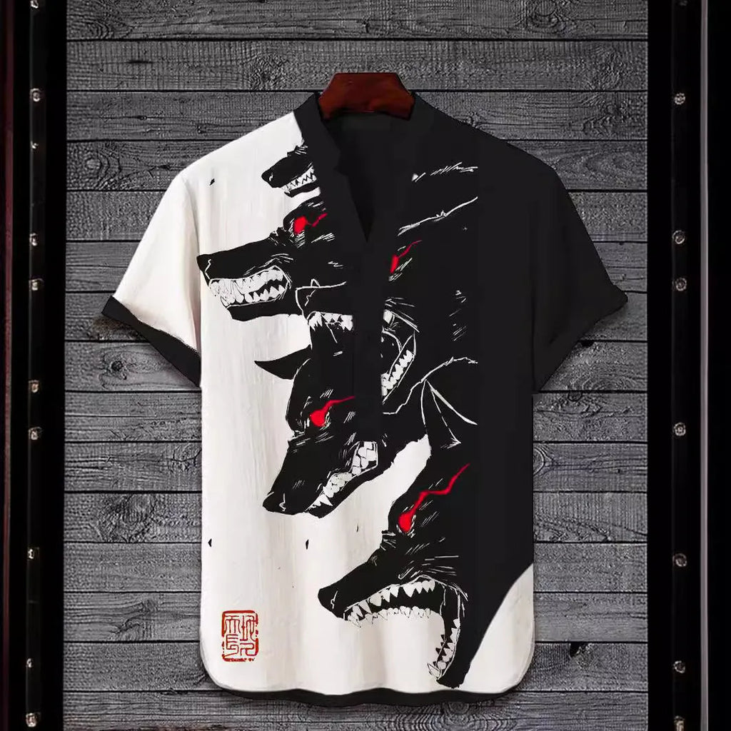 3D digital animal style short sleeve shirt on a hanger, showing graphic print detail.