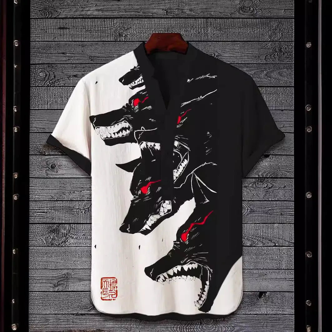 3D digital animal style short sleeve shirt on a hanger, showing graphic print detail.