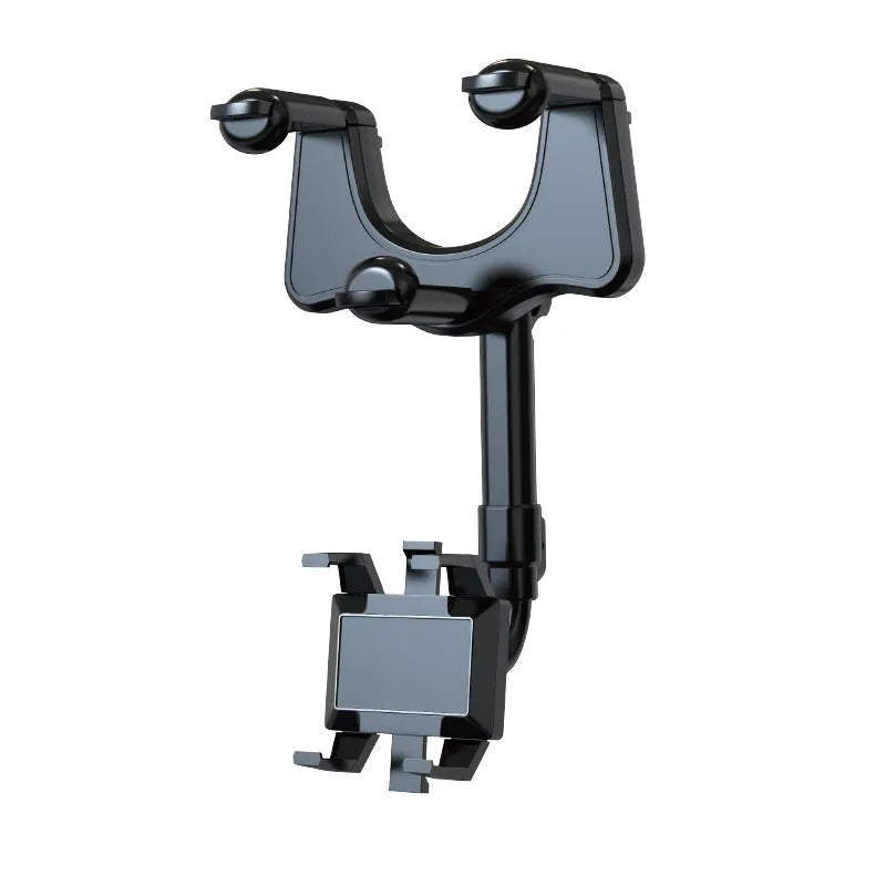 Black rearview mirror phone holder showing 360-degree rotation and telescopic arm extension