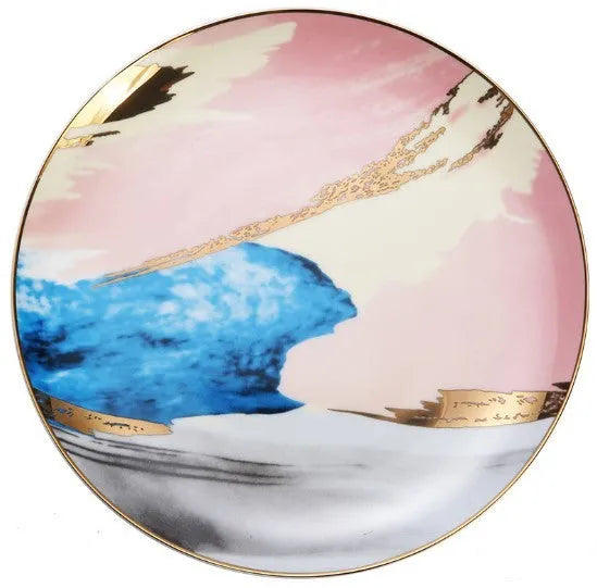 Watercolour dessert plate with real gold edge, 10.5 inch bone china porcelain, pink colour