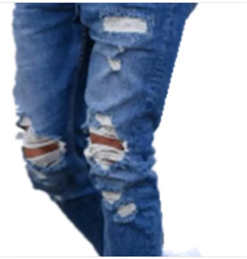 Men's distressed jeans with holes in deep blue colour showing cotton denim construction and sizing options from S to 3XL