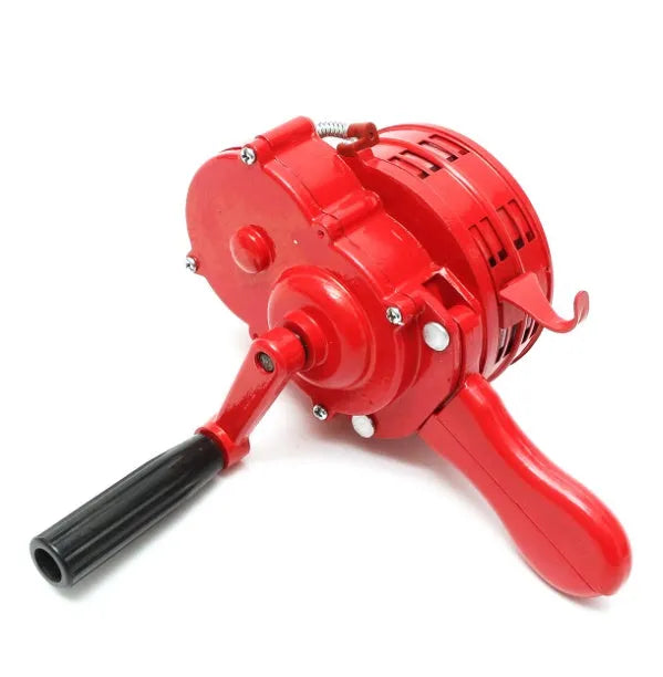 Red manual hand crank air raid alarm siren with aluminium alloy body and folding handle