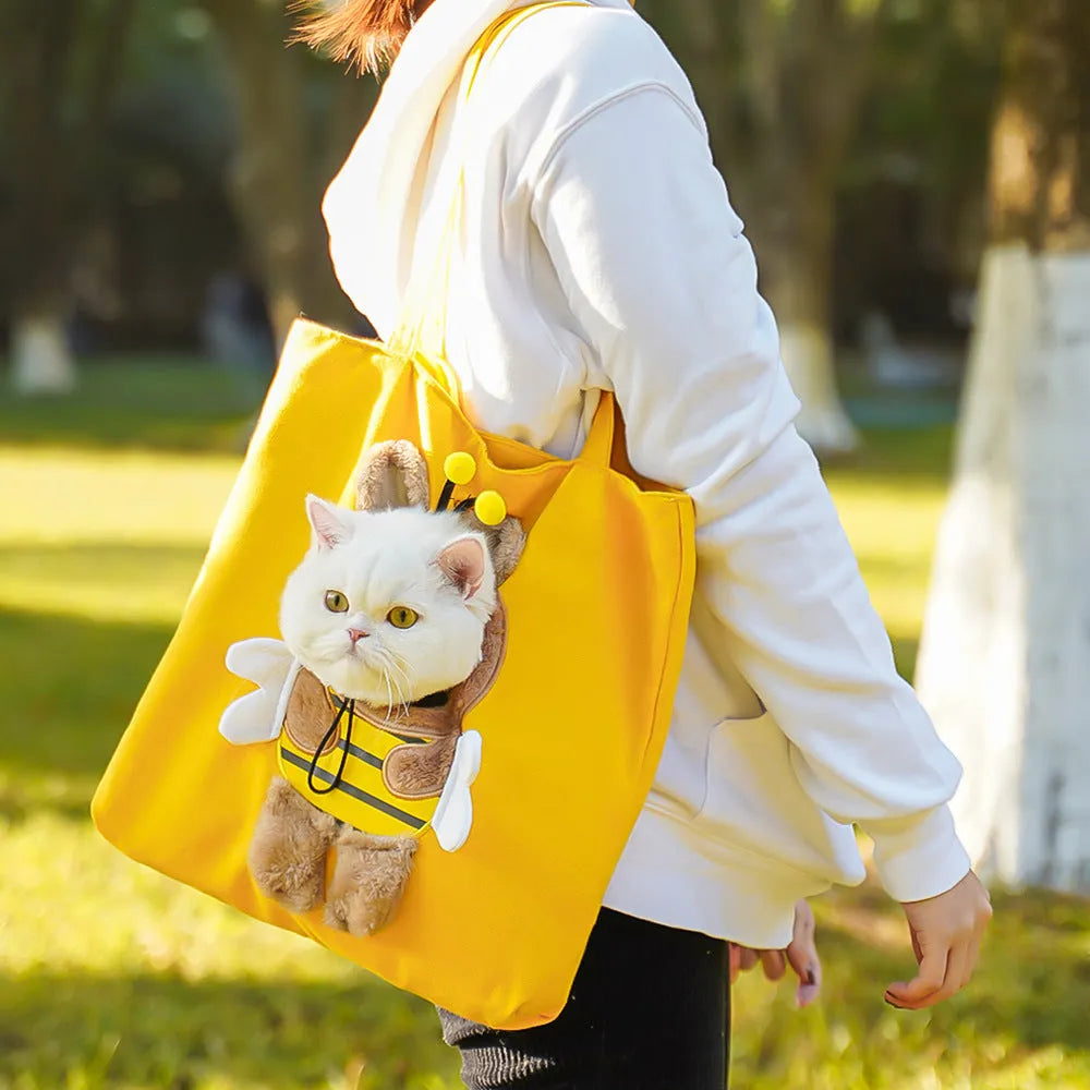 Canvas pet carrier backpack with cartoon design for cat and small dog transport