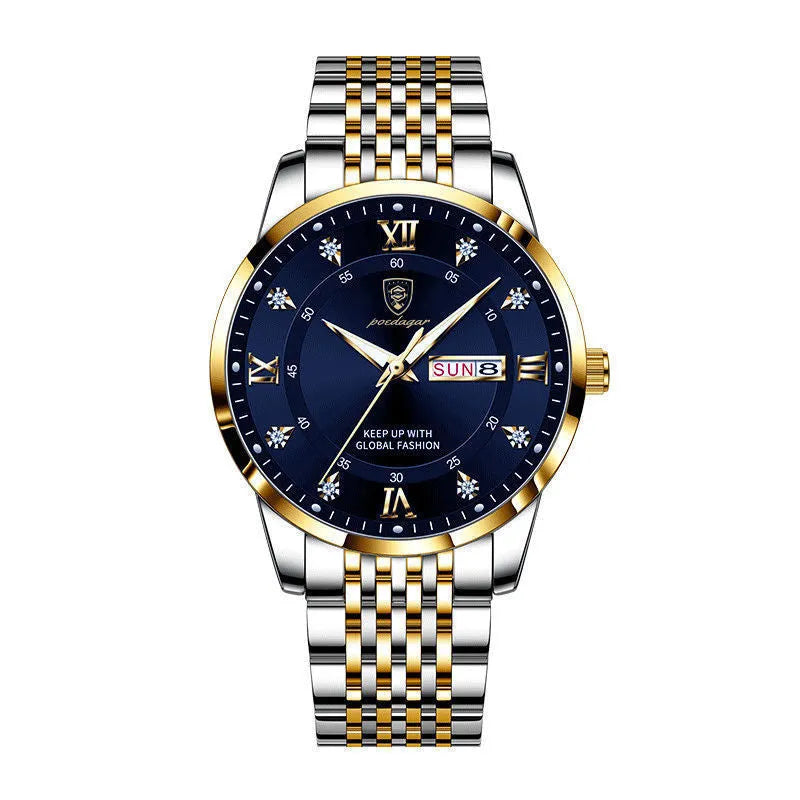 Men's quartz watch with 43mm round dial, sapphire crystal, stainless steel strap, blue face, luminous hands and calendar display