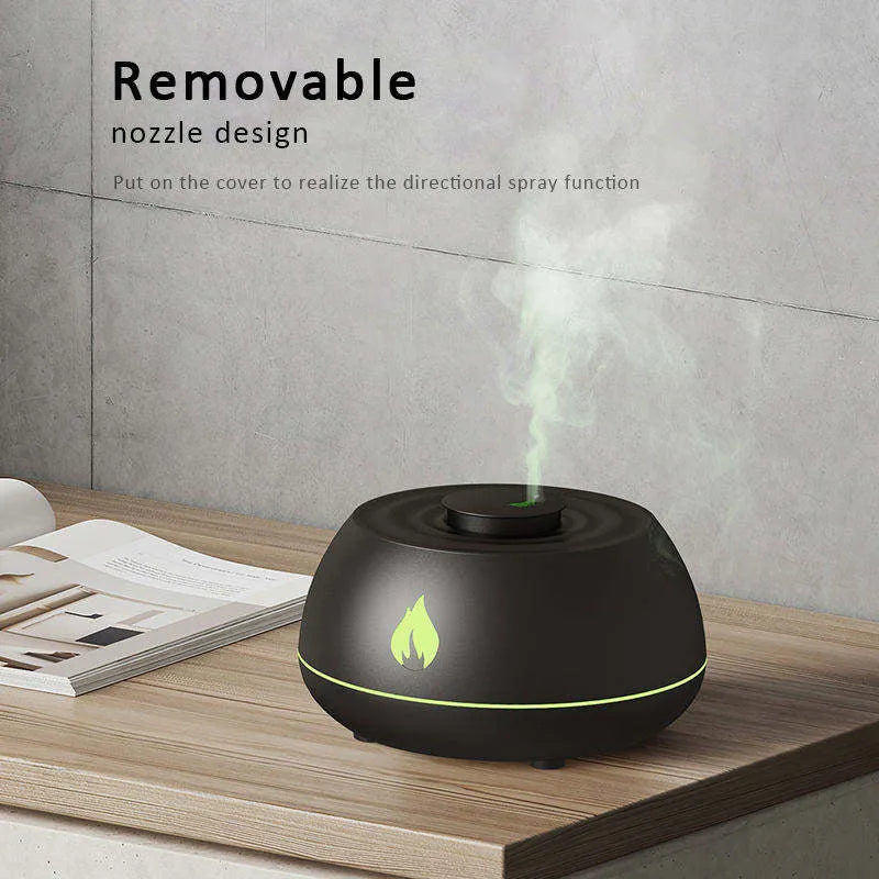 Flame humidifier aromatherapy diffuser with 7 colours light and 130ml USB tank in black