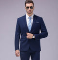 Men's single-breasted flat collar business suit set in dark blue with jacket and trousers on display