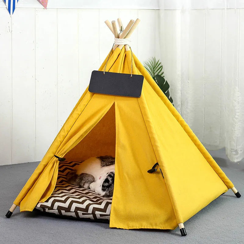 White striped linen teepee tent bed for small dog with cushion inside