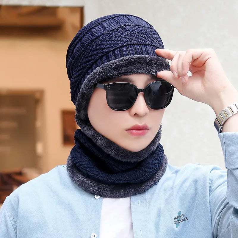 Coral fleece wool balaclava hat in navy blue with dome top and neck cover