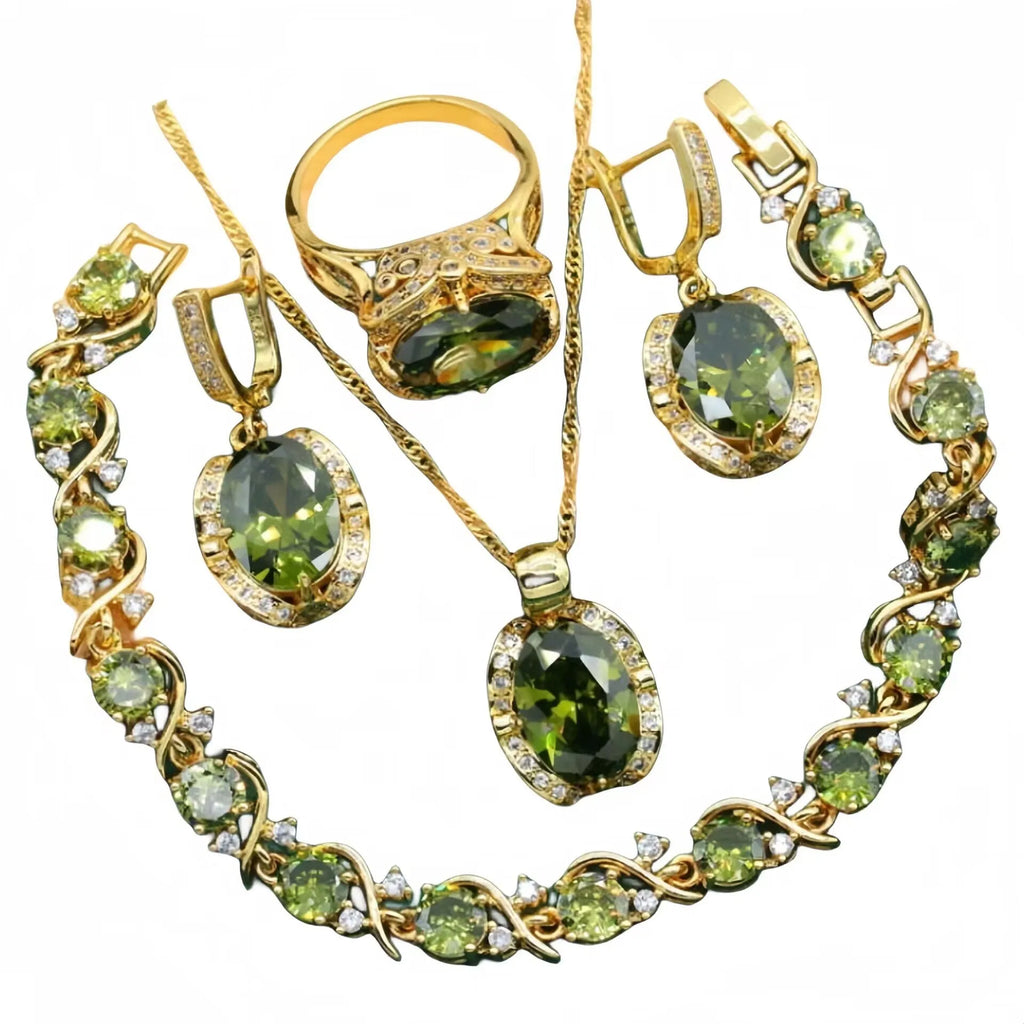 Women's zircon jewellery set with electroplated copper necklace, earrings, and ring in olive green or red colours