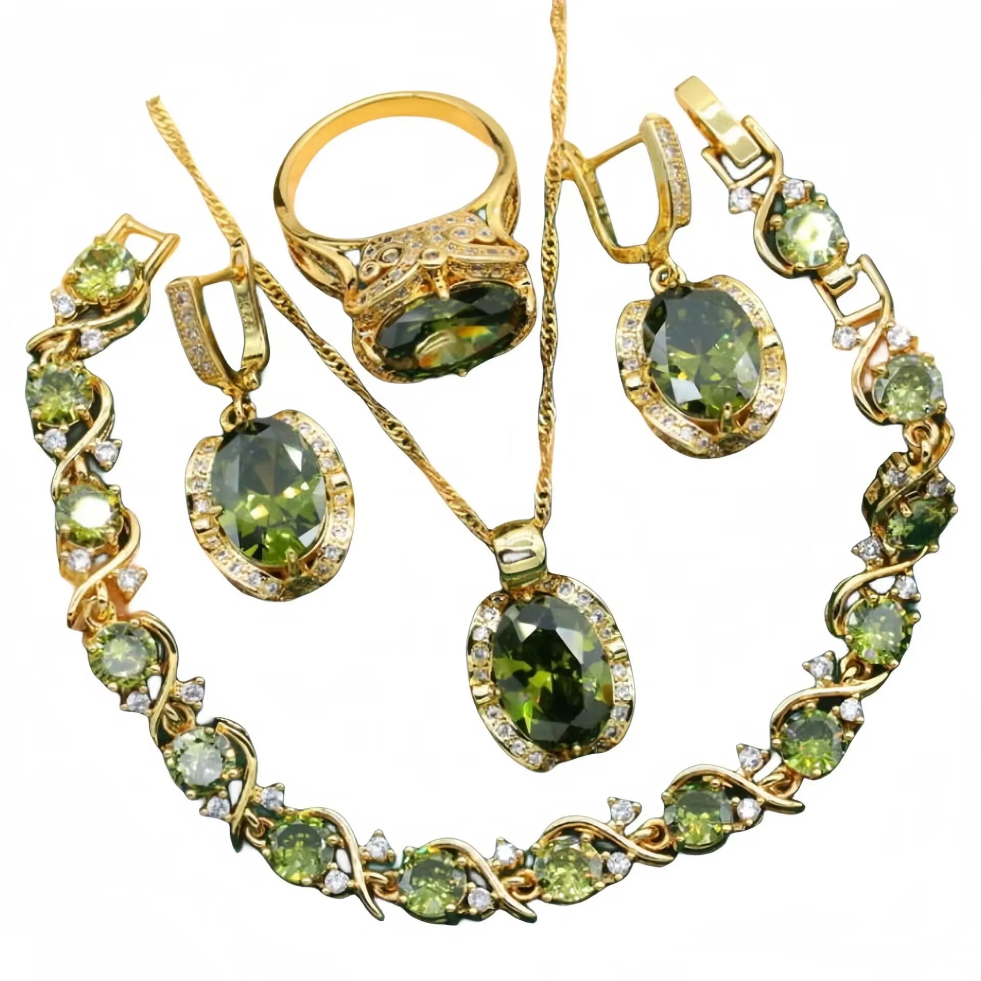 Women's zircon jewellery set with electroplated copper necklace, earrings, and ring in olive green or red colours