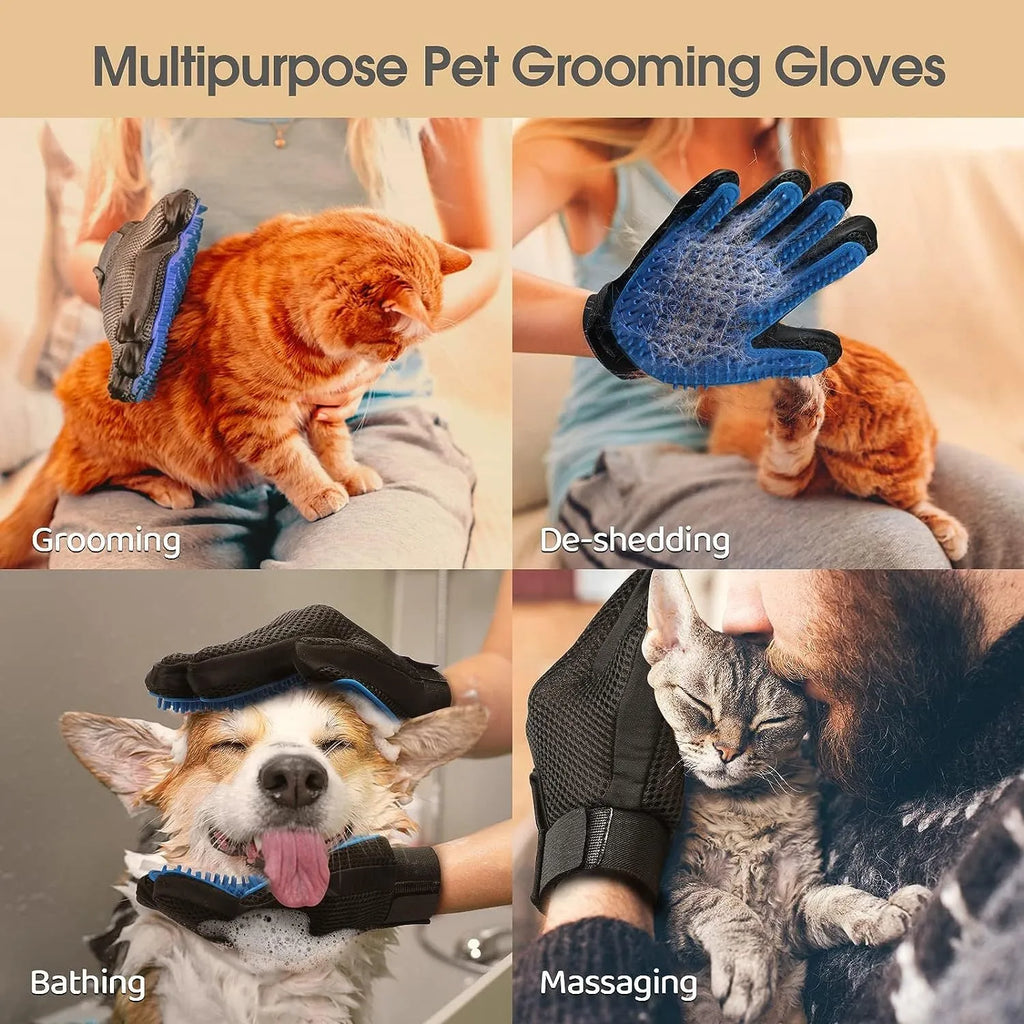 Blue pet grooming glove with silicone tips for dog cat horse hair removal during brushing and bathing