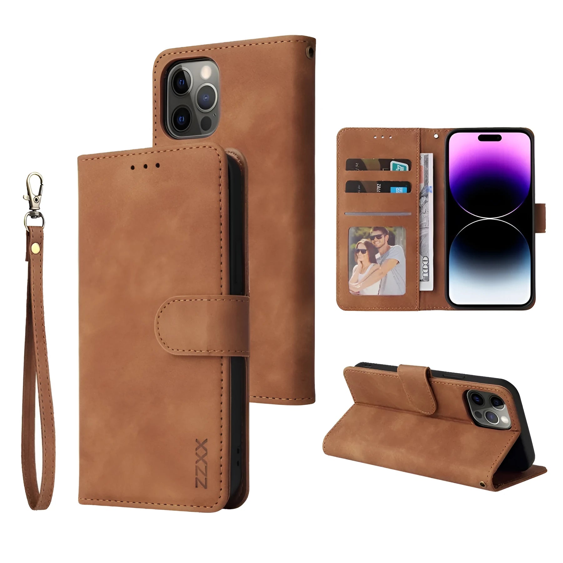 Flip case wallet card holder for iPhone, TPU leather, stand, card slots, black