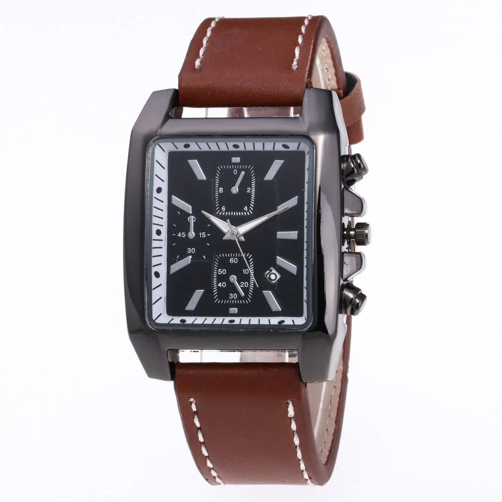 Men's quartz analogue watch with leather band and metal case, easy to read dial