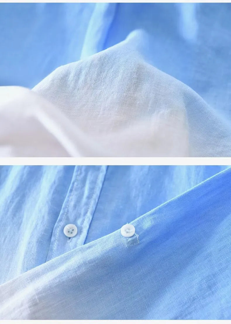 A man's casual slim-fit loose top coat in dark blue, light blue, or yellow, made from hemp and polyester.