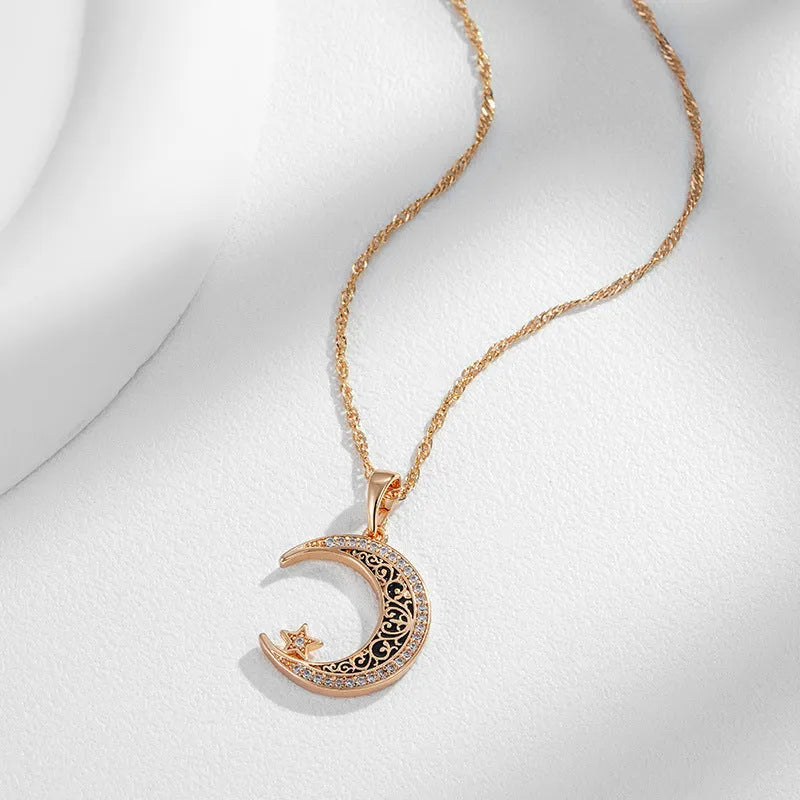 Rose gold star moon necklace with enamel zircon pendant on water wave chain