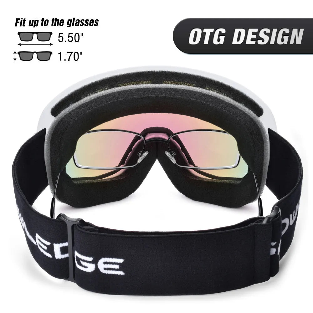 Double-layer anti-fog ski goggles in glossy white frame with pink dual lens and SNOWLEDGE laser logo