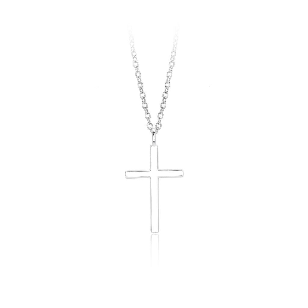 Simple sterling silver cross pendant necklace with glossy finish on adjustable O-link chain