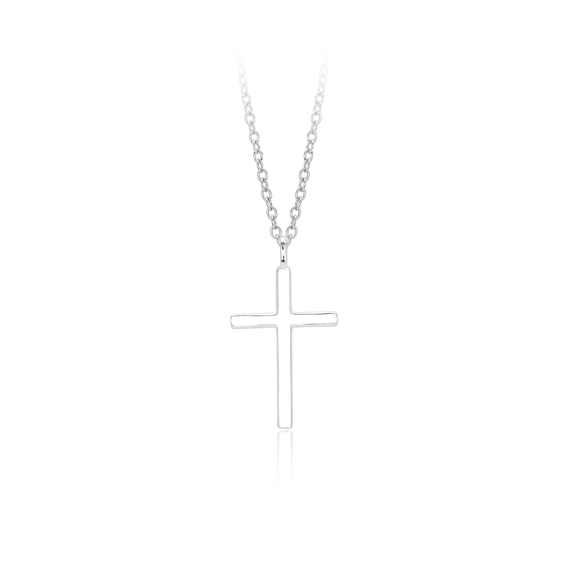 Simple sterling silver cross pendant necklace with glossy finish on adjustable O-link chain