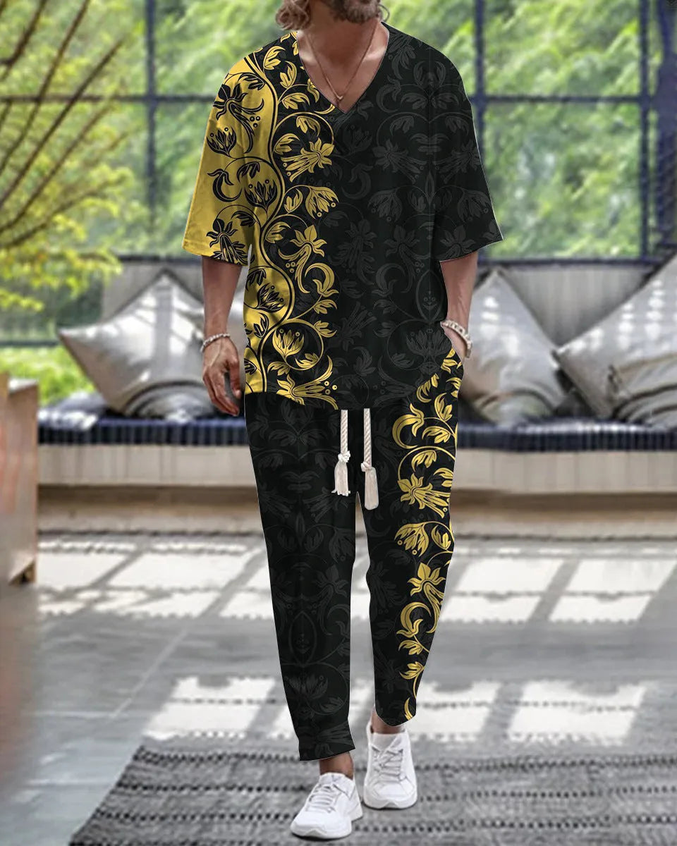 Man's thin polyester tracksuit set with V-neck cropped sleeve jacket and matching trousers