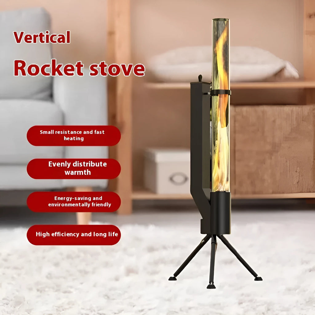 Vertical cast iron wood burning rocket furnace for courtyard heating with decorative design