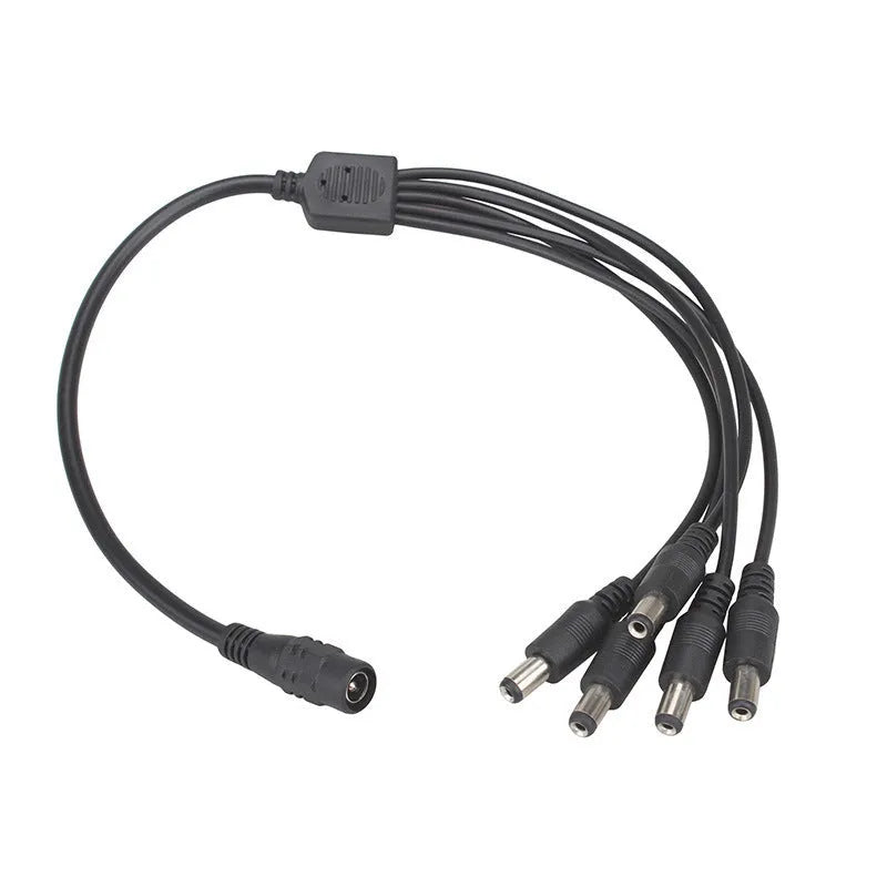 Black 12V DC 4-way power splitter cable with 5.5mm connectors for CCTV camera systems