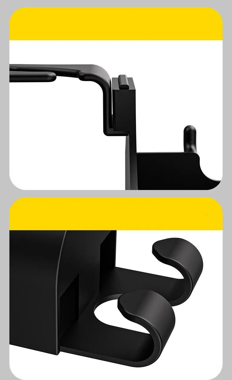 Black plastic car seat back organiser hook with cup holder showing dimensions