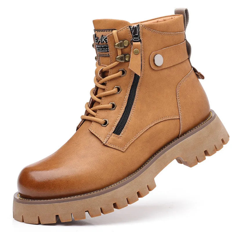 Men's brown leather high-top Martin boots with side zipper and mid heel for height increase