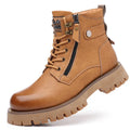 Men's brown leather high-top Martin boots with side zipper and mid heel for height increase