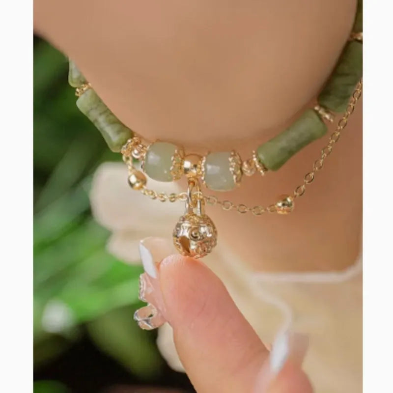 Women's Hetian jade bamboo bracelet on wrist, adjustable 15+3 cm, natural stone geometric design