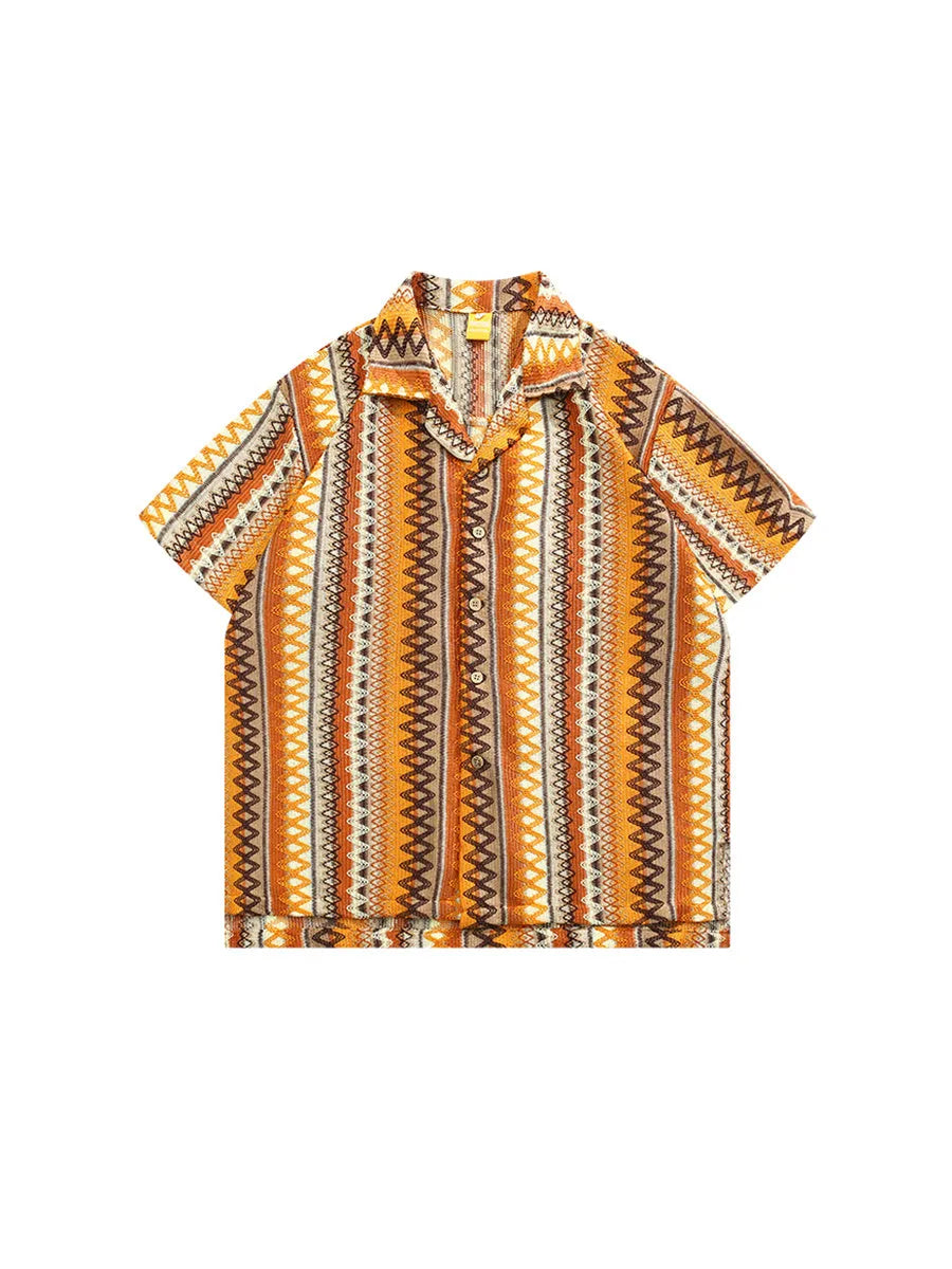 Ethnic style woven shirt with Cuban collar and contrast colours, shown in a loose fit with short sleeves.
