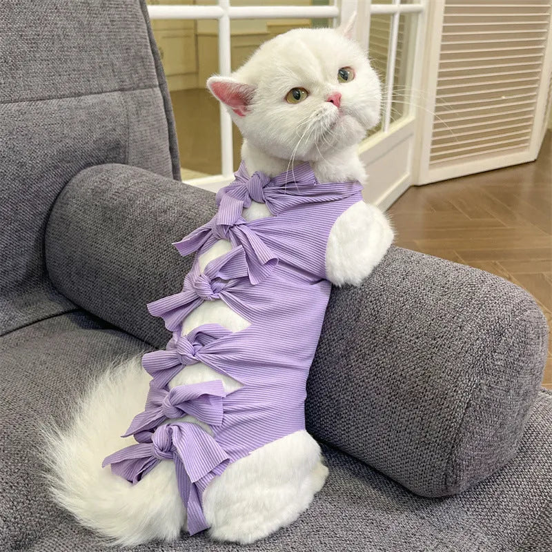 Lace-up cat sterilisation recovery clothing in polyester, shown in various colours and sizes.