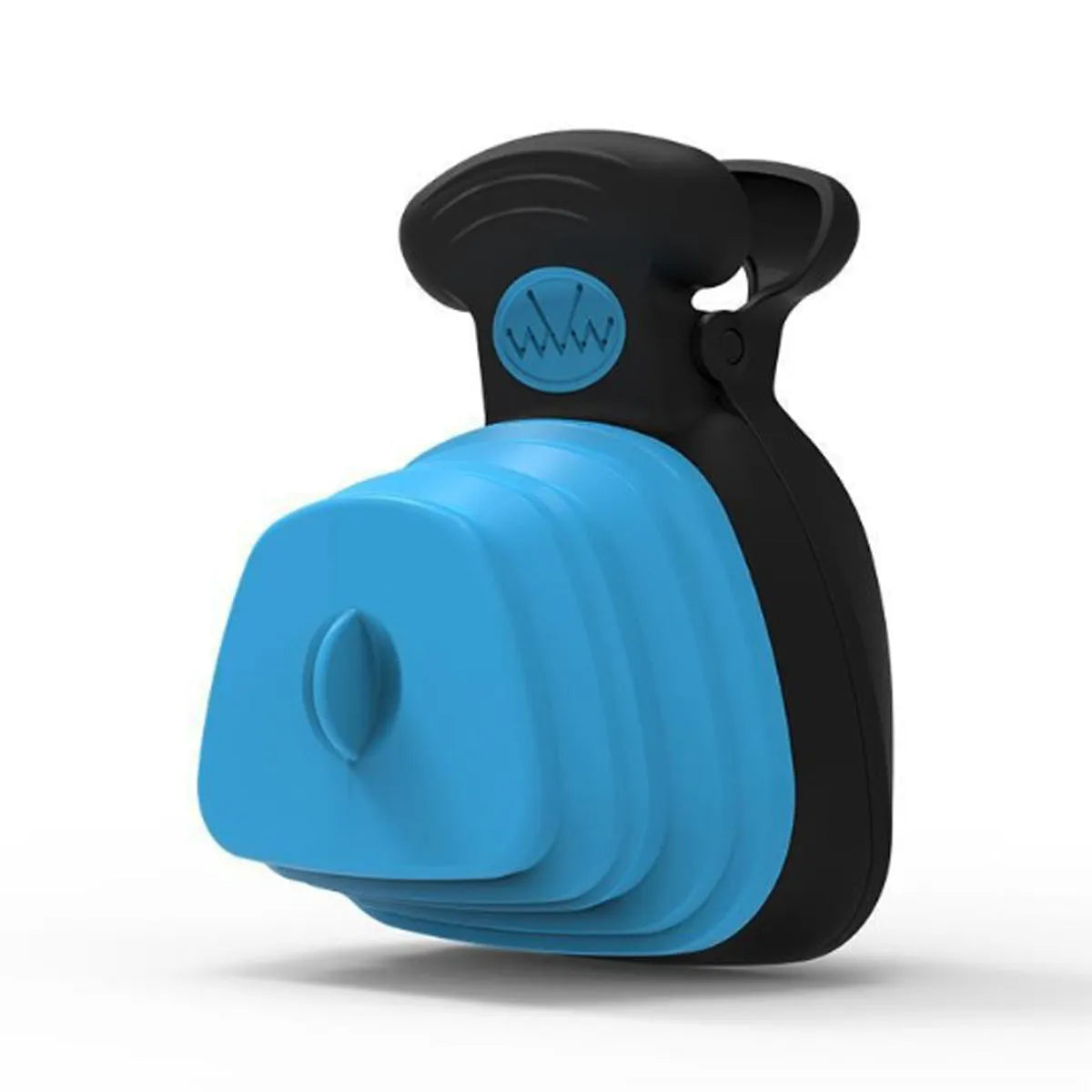 Blue portable handheld dog pooper scooper with clip and expandable waste container on a green background.