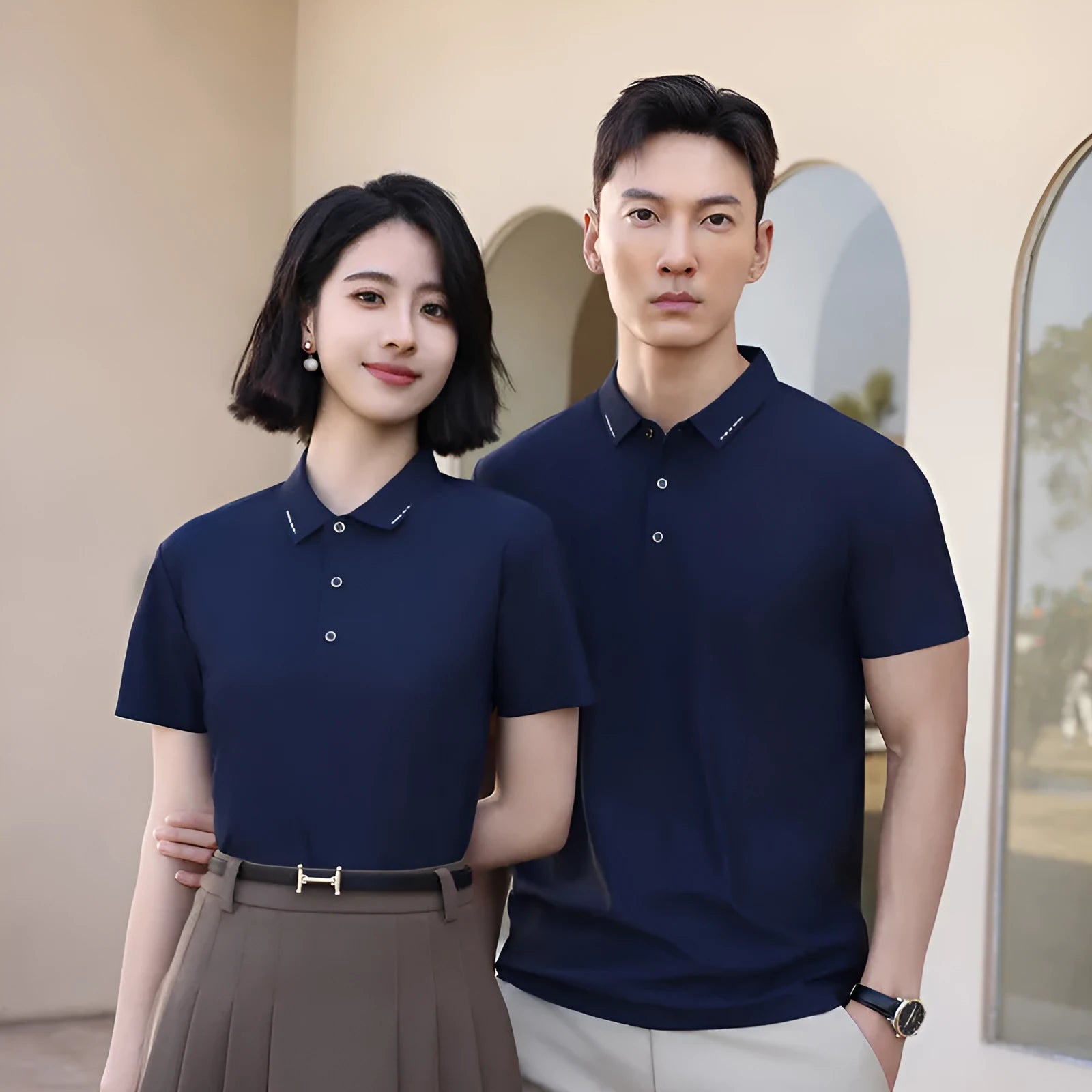Solid colour unisex ice silk short sleeve cotton business polo shirt in bean green