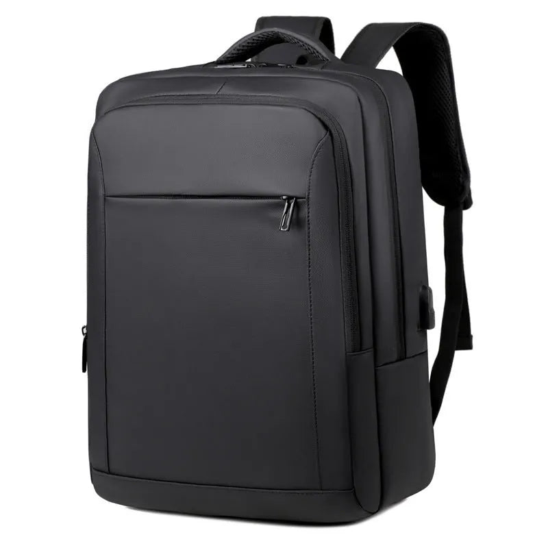 Black waterproof USB laptop backpack with air pillow belt and polyester lining