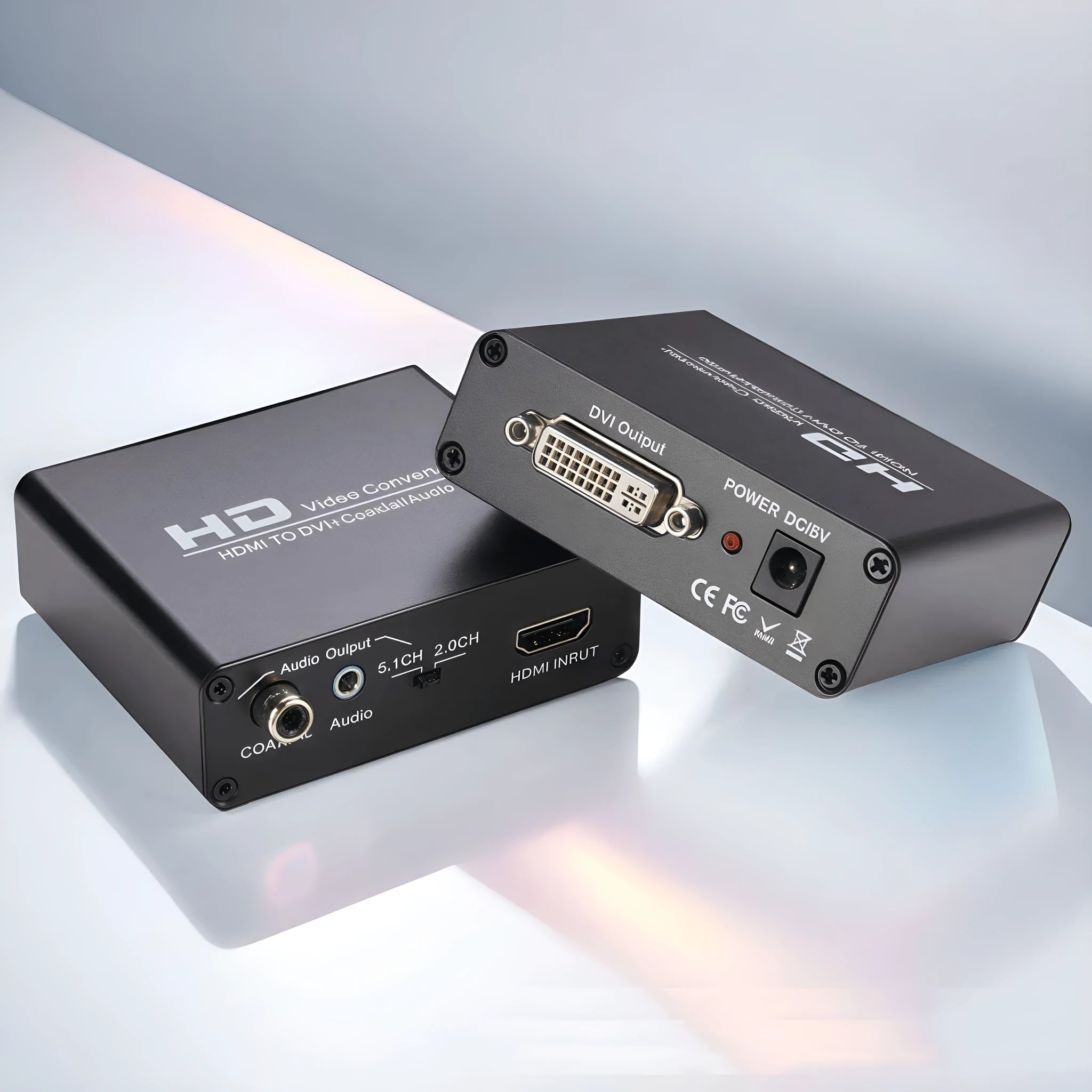 Black HDMI to DVI converter with coaxial audio output port and 1.5 metre attached cable