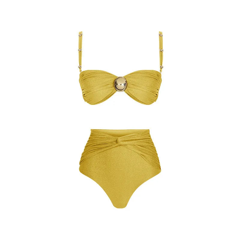 Women's high-waist split swimsuit set with skirt, top, and pants in green and yellow colours