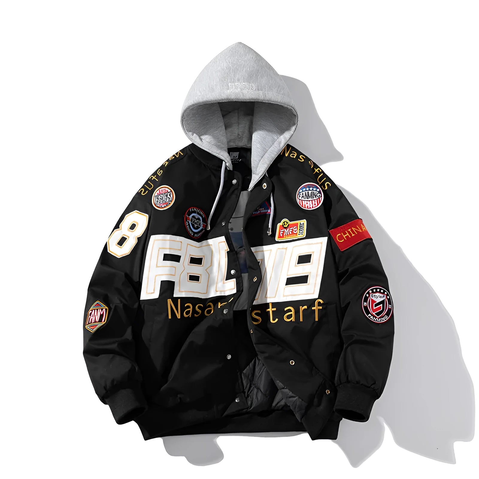 Black loose-fit motorcycle baseball jacket with a removable hood and side pocket.