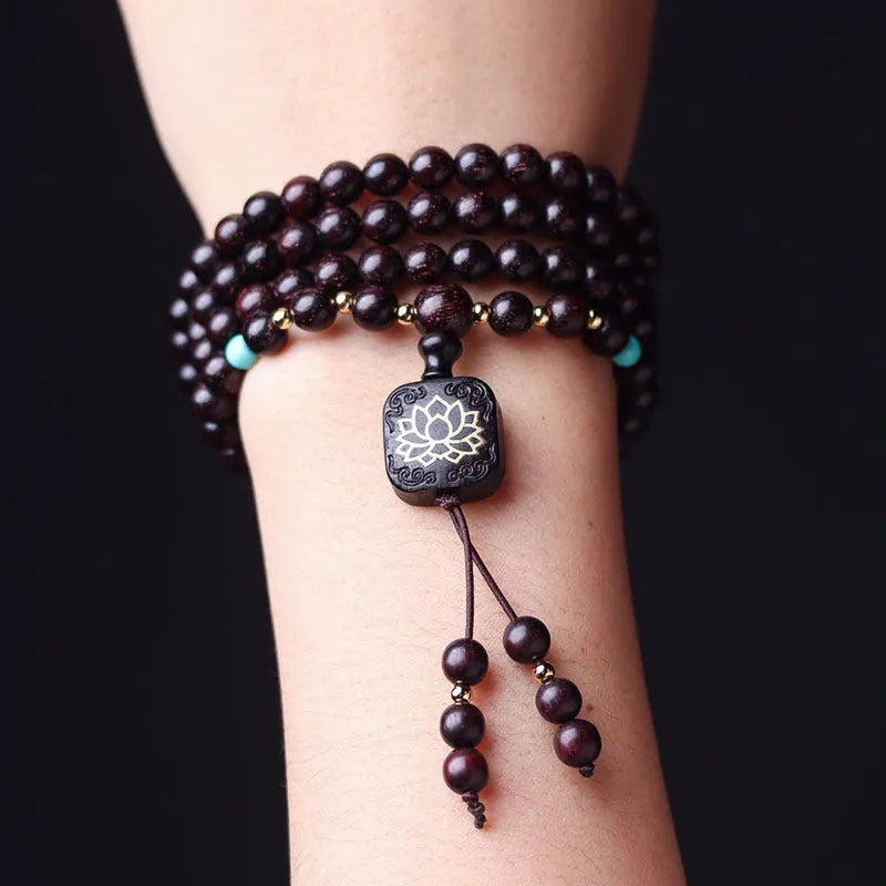 Zambia rosewood bead bracelet with 108 wooden beads and flat lotus pendant for DIY artistic projects