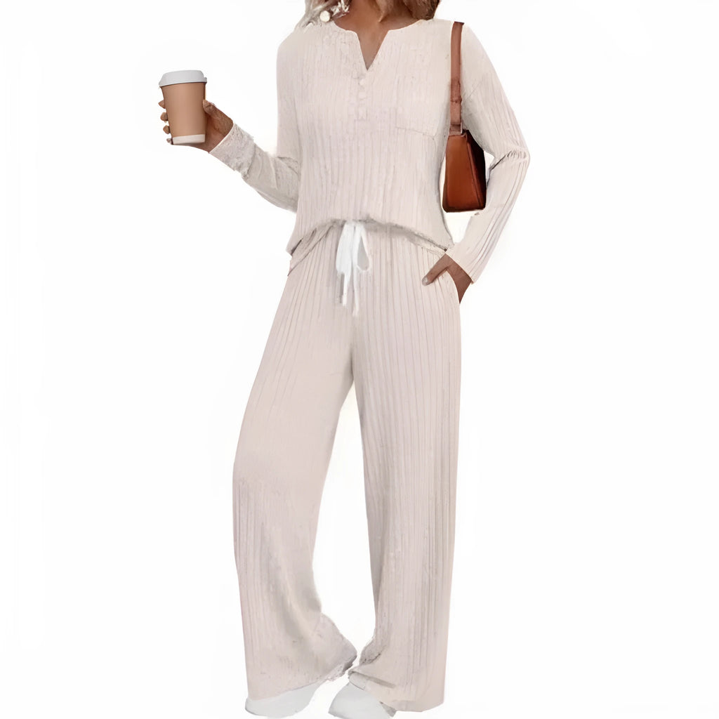 Women's V-neck knit long coat with lace-up detail and matching trousers in street fashion style