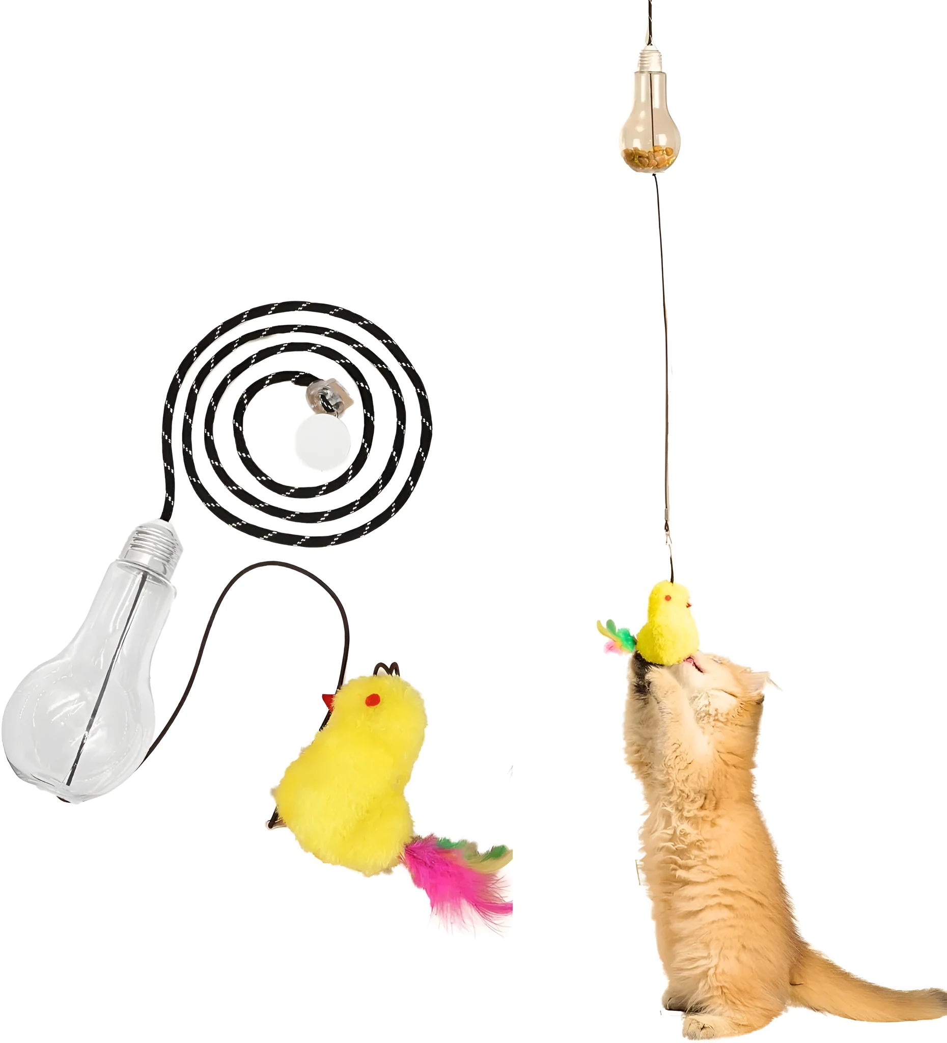 Interactive cat toy hanging from door frame with dangling mouse and chicken toys on elastic rope