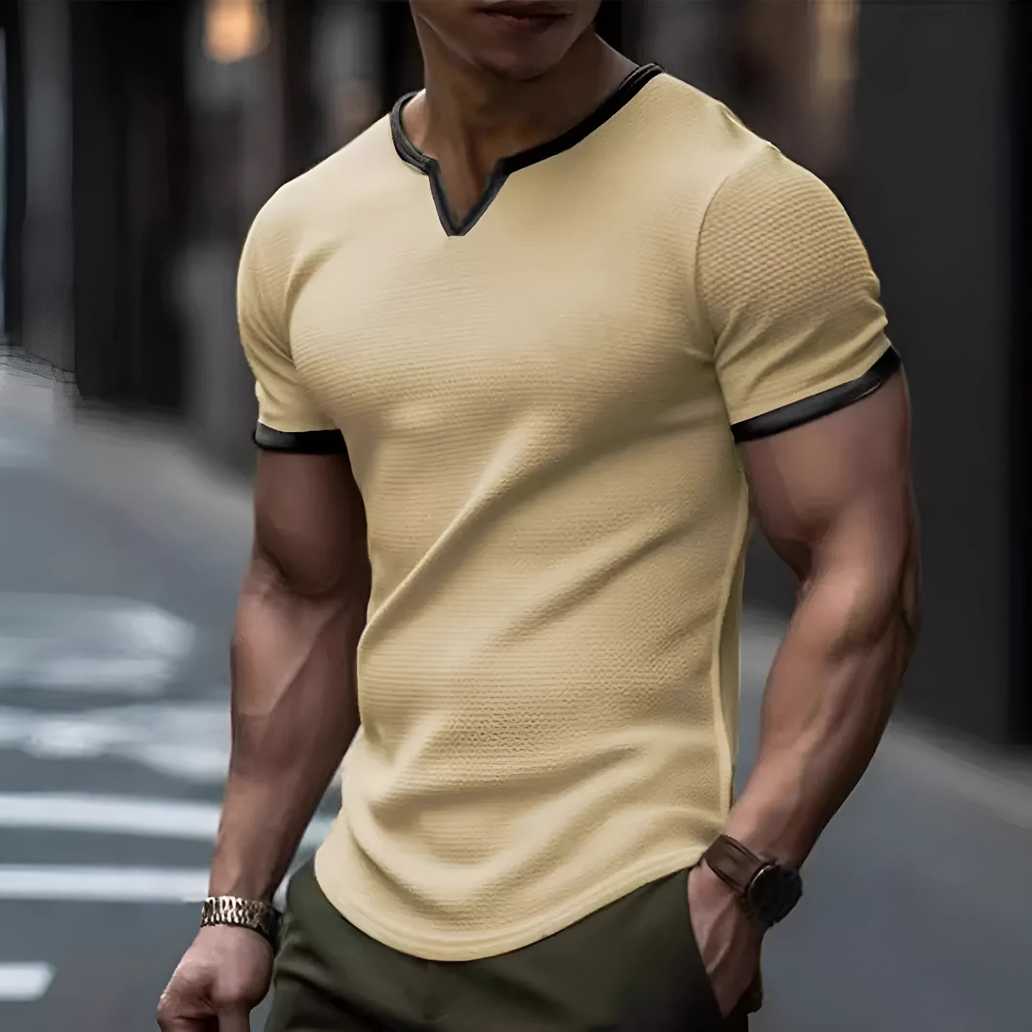 Colour-block V-neck outdoor sports waffle t-shirt in army green, polyester short-sleeve top