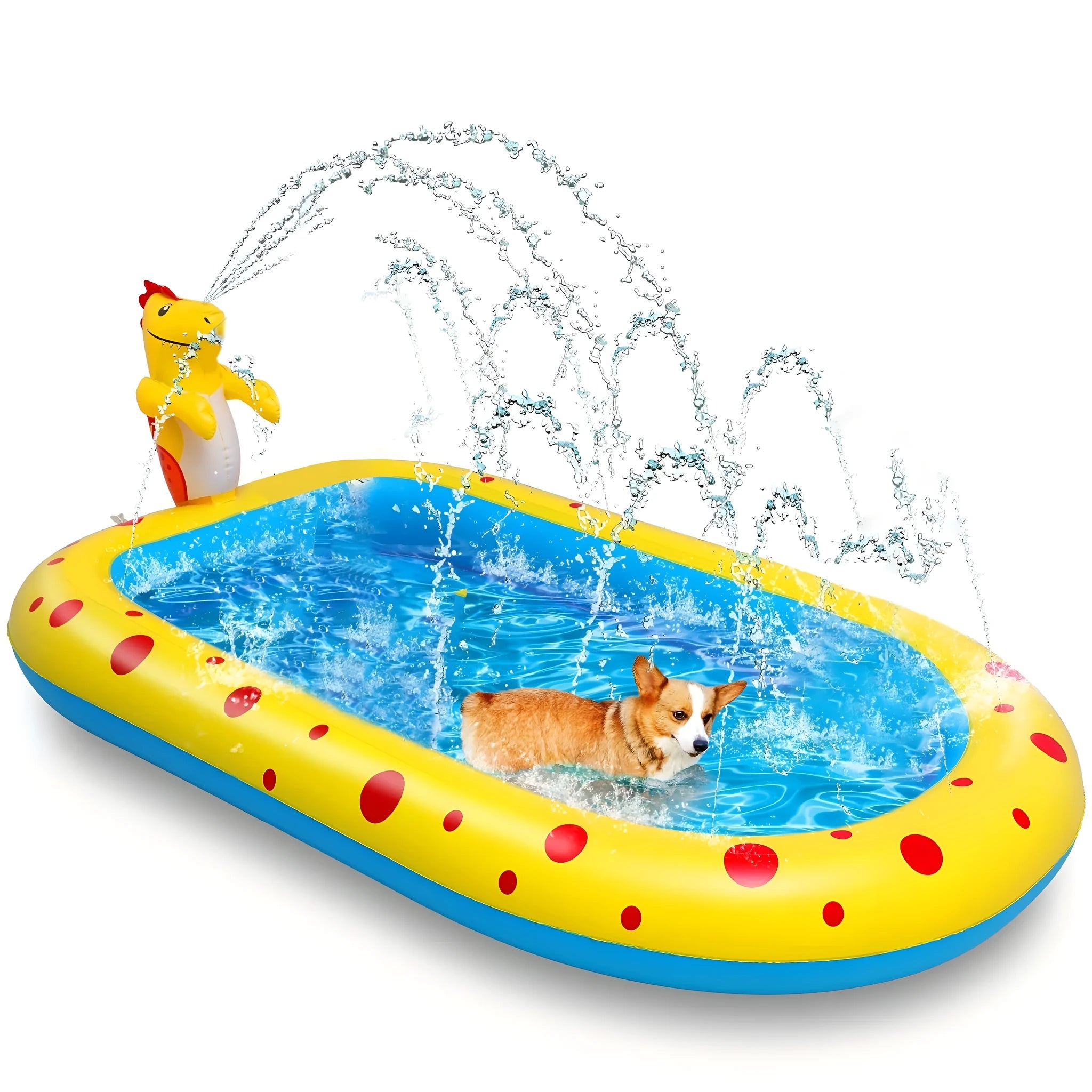 Blue dinosaur-themed water spray pool with shark toy measuring 170cm long for garden play