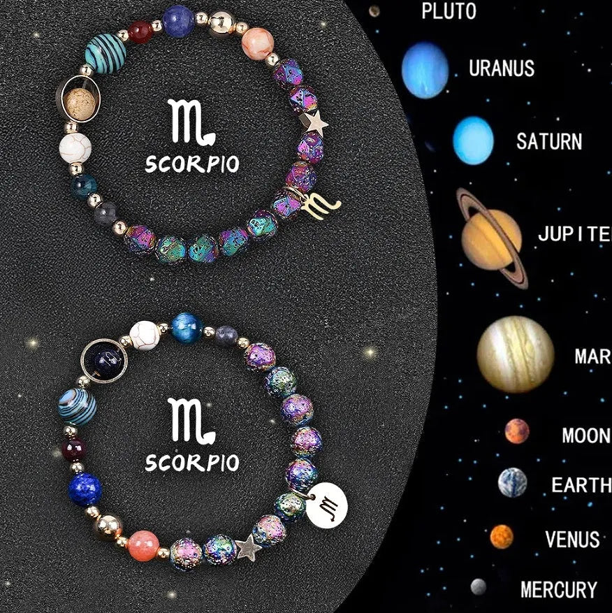 Pair of natural stone beaded bracelets with zodiac charms on an adjustable cord.