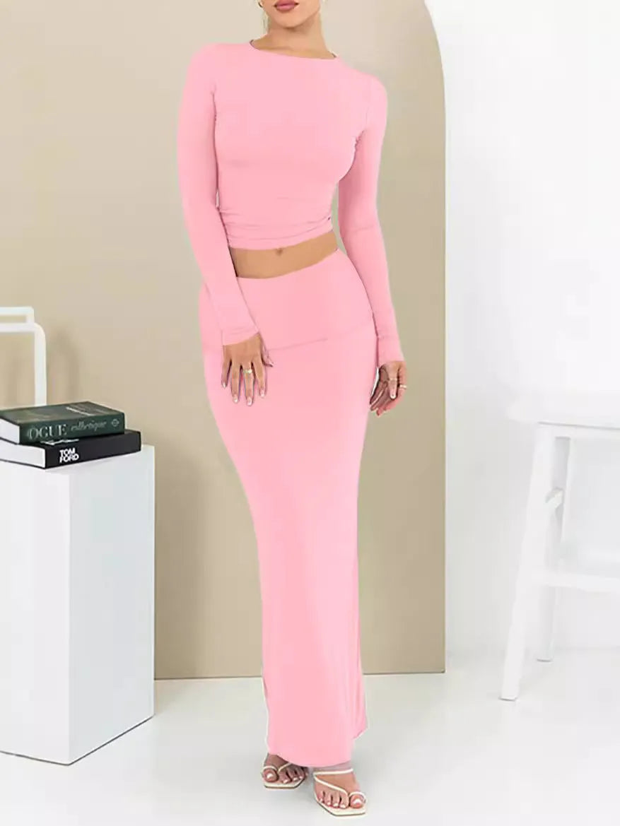 Women's sweet style two-piece suit with crop top and long skirt in polyester fabric