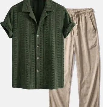 A person wearing a slim-fit camouflage print linen shirt and matching trousers casual suit.