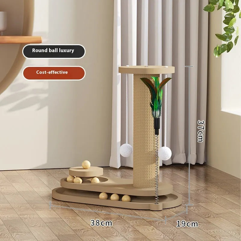 Solid wood cat scratching post with a central rotating turntable, shown in a natural wood finish.