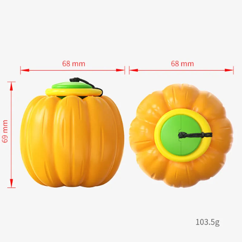 Green, orange, and yellow plastic pumpkin dog chew toy with squeaker for small dogs.